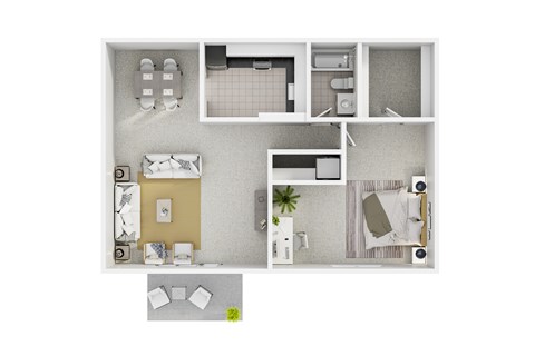 A top-down view of a small apartment with a kitchen, living room, and bathroom.